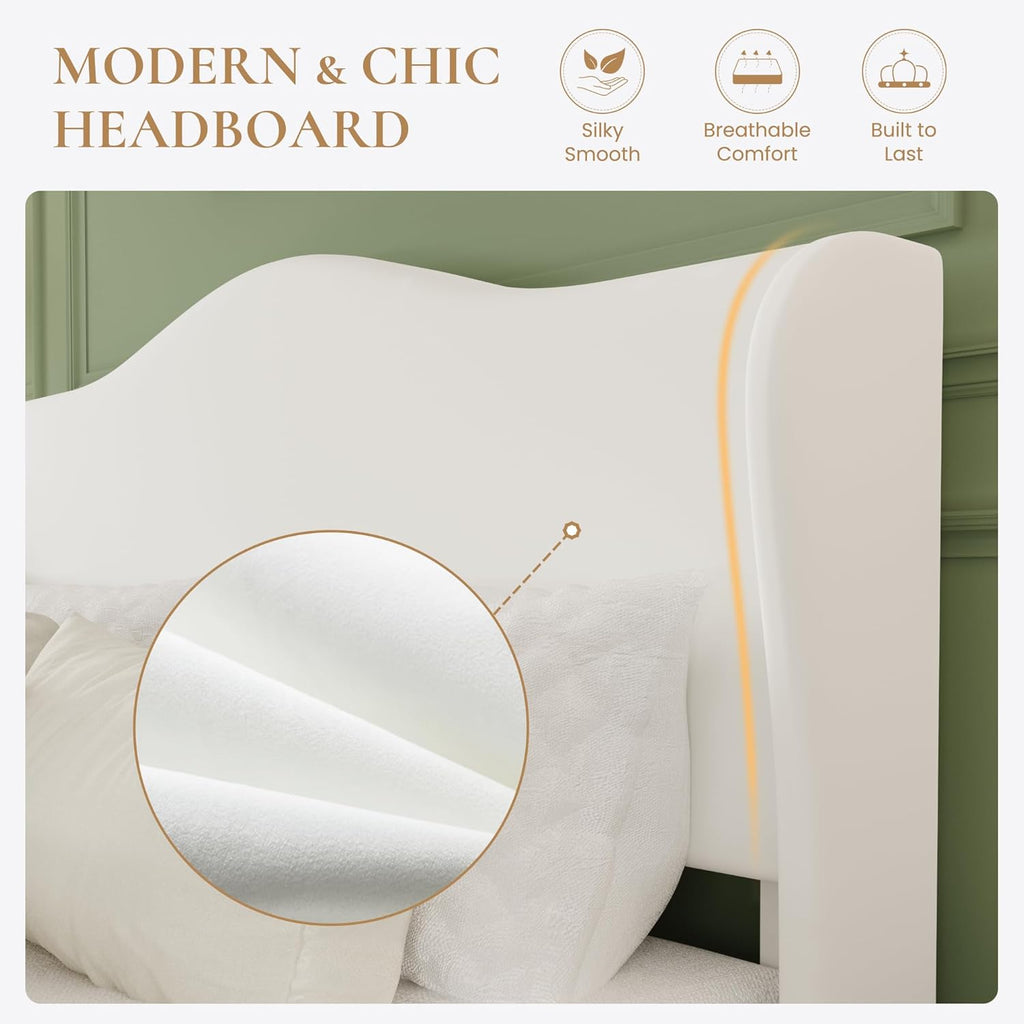 HA CERLIN King Size Bed Frame with Curved Wingback Headboard,Soft White