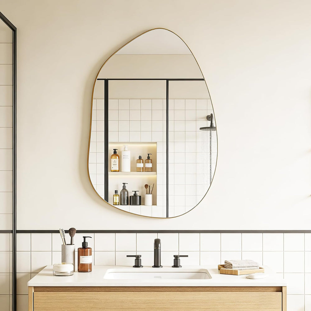 Irregular Asymmetrical Wall Mirror, 32x24 Inch Gold Mirror for Bathroom