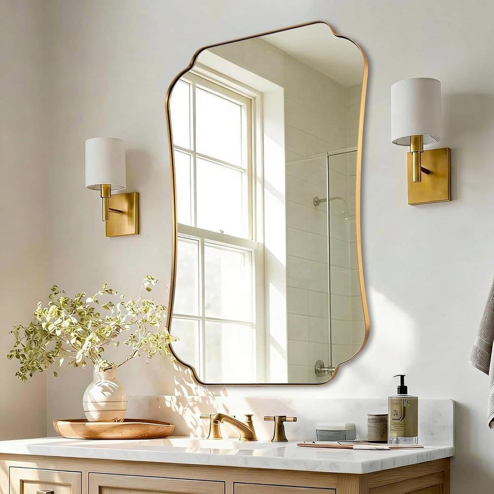 ANDY STAR 24"x36" Gold Mirror, Brushed Brass Scalloped Wall Mirror,...