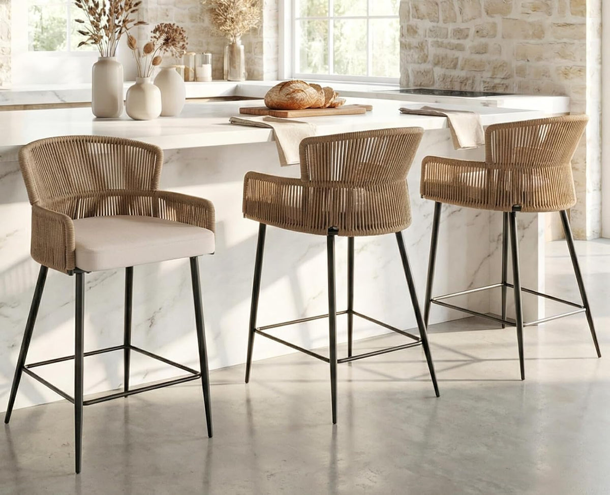 HNY Farmhouse Woven Bar Stools Set of 3, 26 Inch Linen Upholstered Rattan Barstools with Curved Backs, Modern Cane Counter Height Bar Chairs with Metal Legs and Armrest for Kitchen Island, Beige
