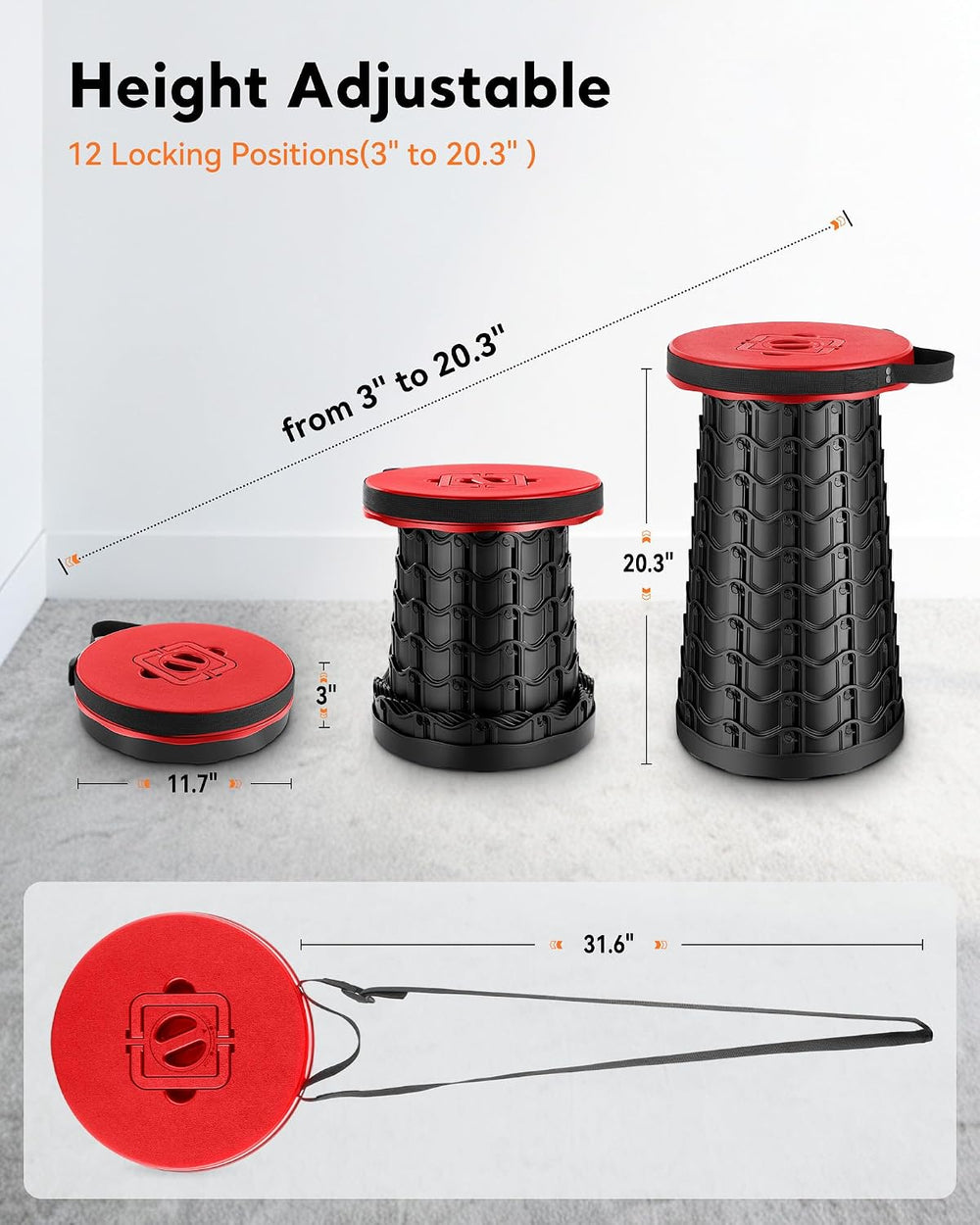 Height Adjustable Camping Stool - Wide Seat Portable Folding Chair (RED)