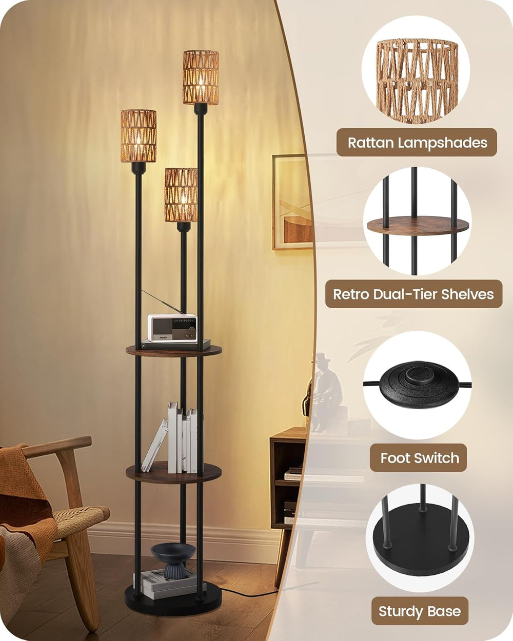 Floor Lamp with Shelves, Boho Floor Lamp with Foot Switch, 3-Light Standing L...