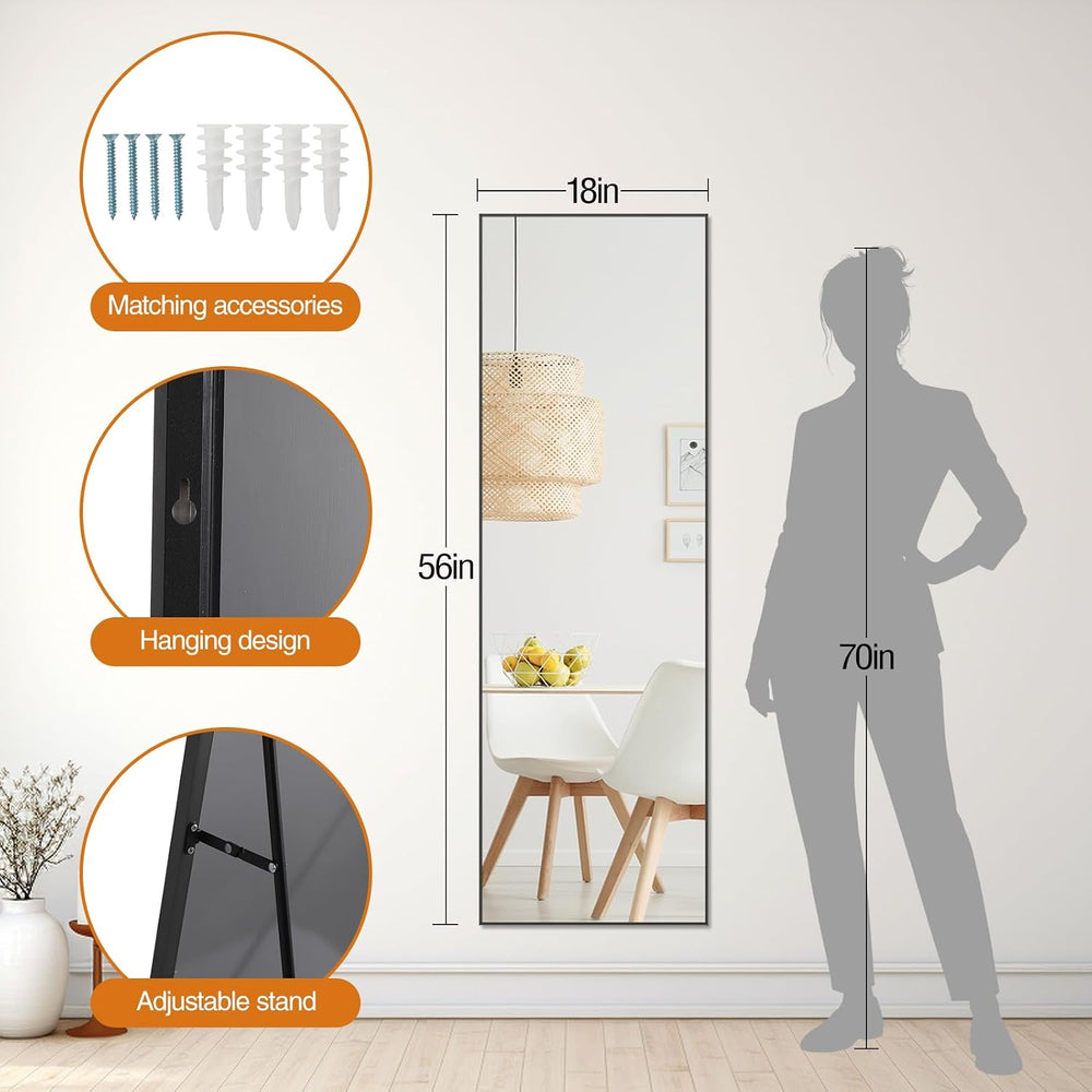 56"x18" Full Length Mirror, Black Aluminum Frame Standing Mirror