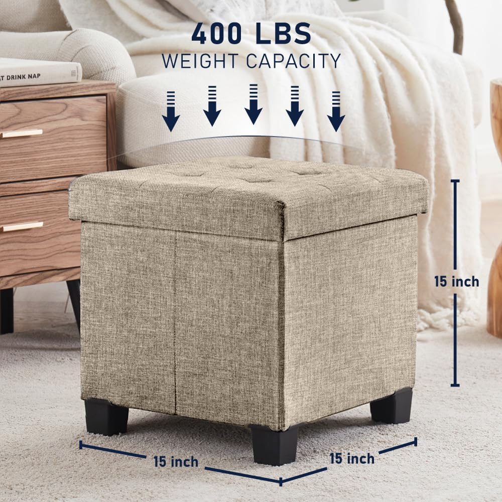 Ornavo Home 15" Square Folding Storage Ottoman Cube with Legs, Taupe