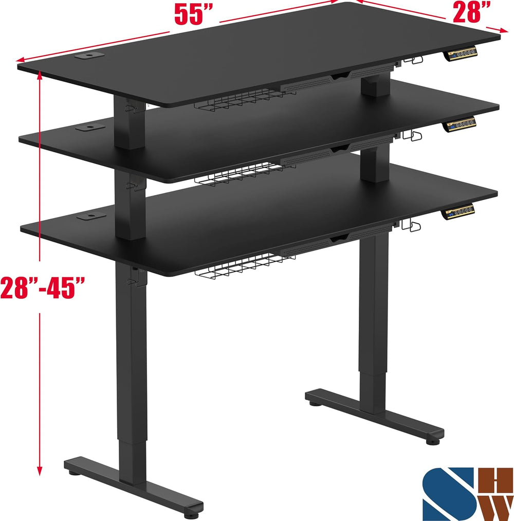 SHW 55 x 28 Electric Height Adjustable Standing Desk w/Drawer, Black