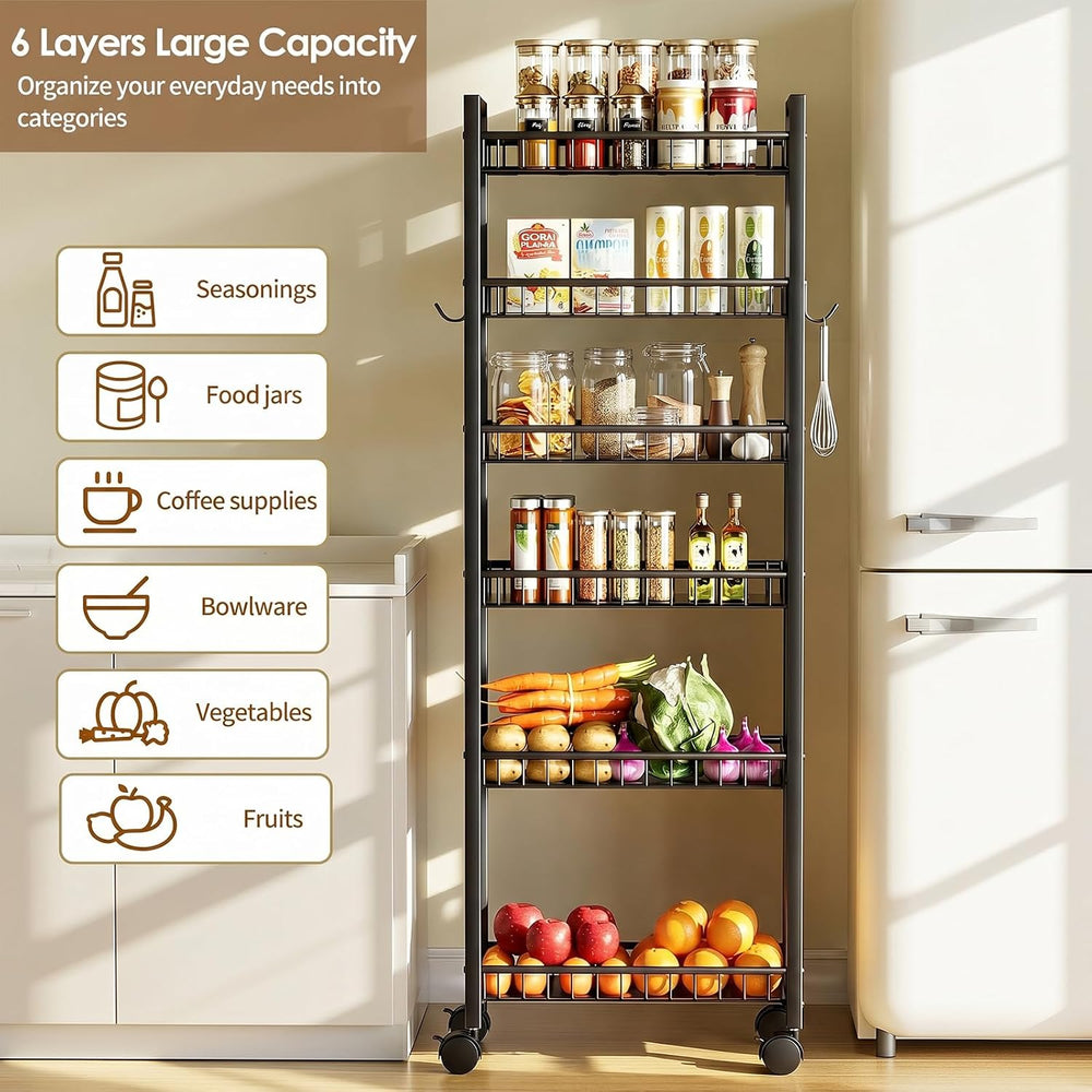 6 Tier Slim Storage Cart, Narrow Rolling Cart with Wheels, 6in(W)