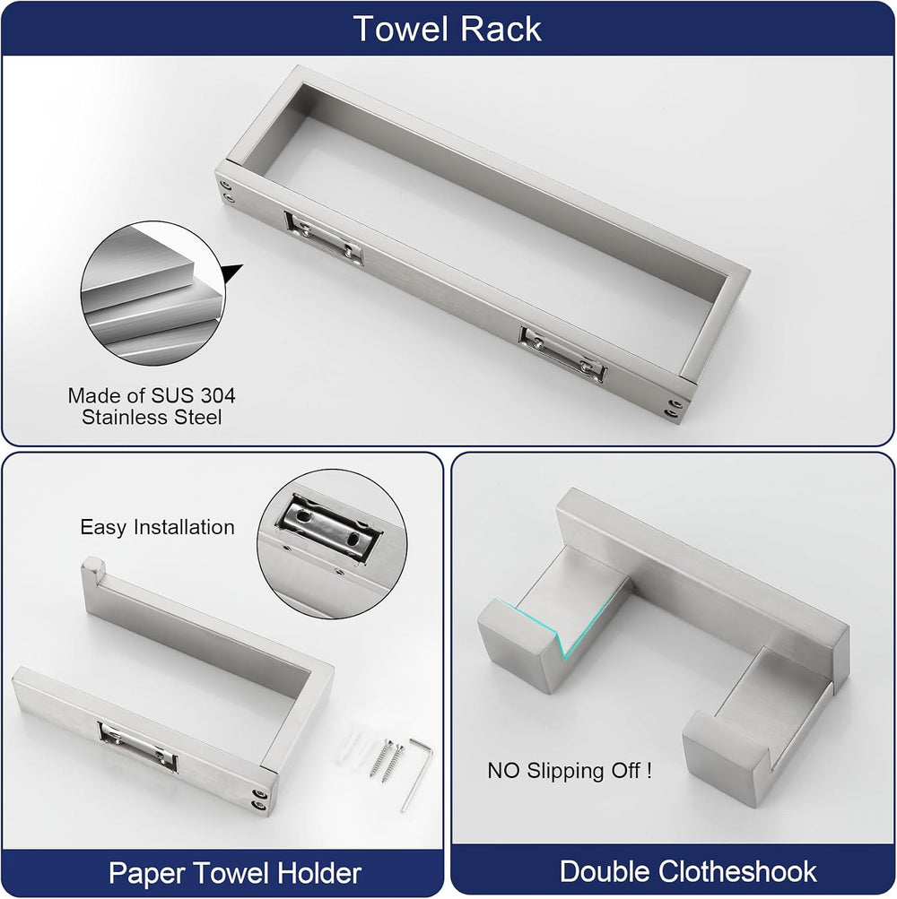 Brushed Nickel Bathroom Accessories, Toilet Paper Holder, Towel Bar & Hook