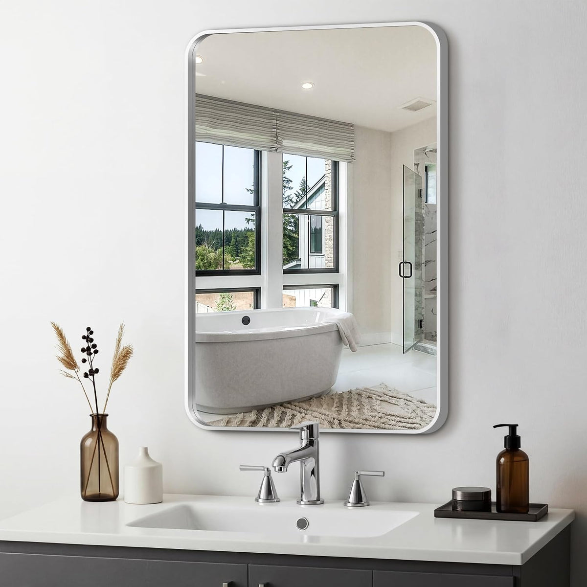 Delma Bathroom Vanity Mirror, Silver Framed Mirror for Over Sink, 30x20