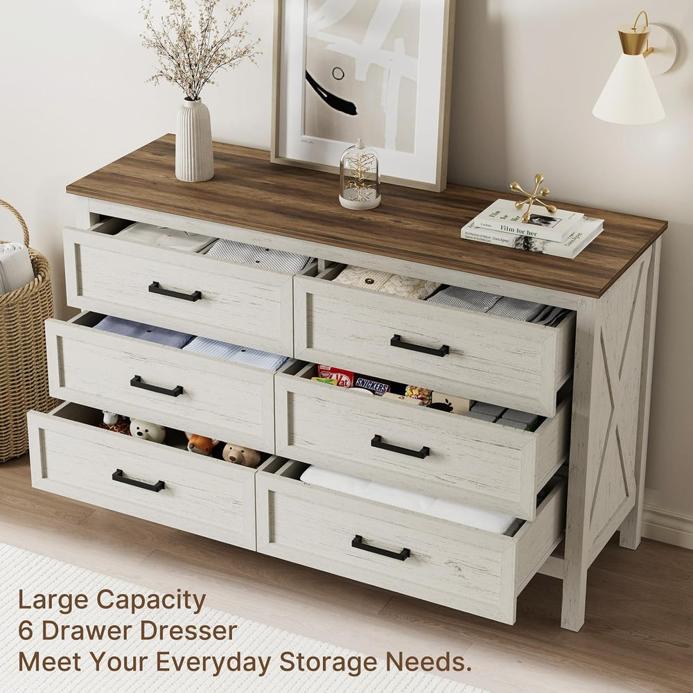 LYNSOM Farmhouse 6 Drawers Dresser for Bedroom, Wood Rustic Wide Chest of Dra...