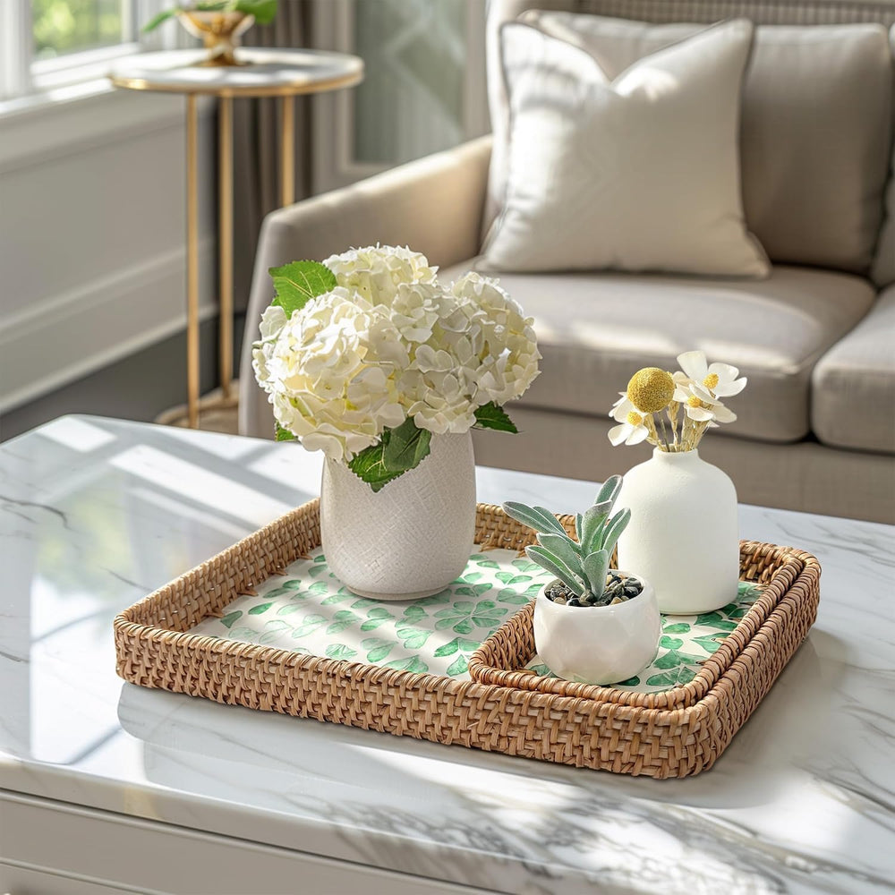 Rattan Serving Tray with Mother of Pearl Inlay,Set of 3 Wicker Serving Tray B...