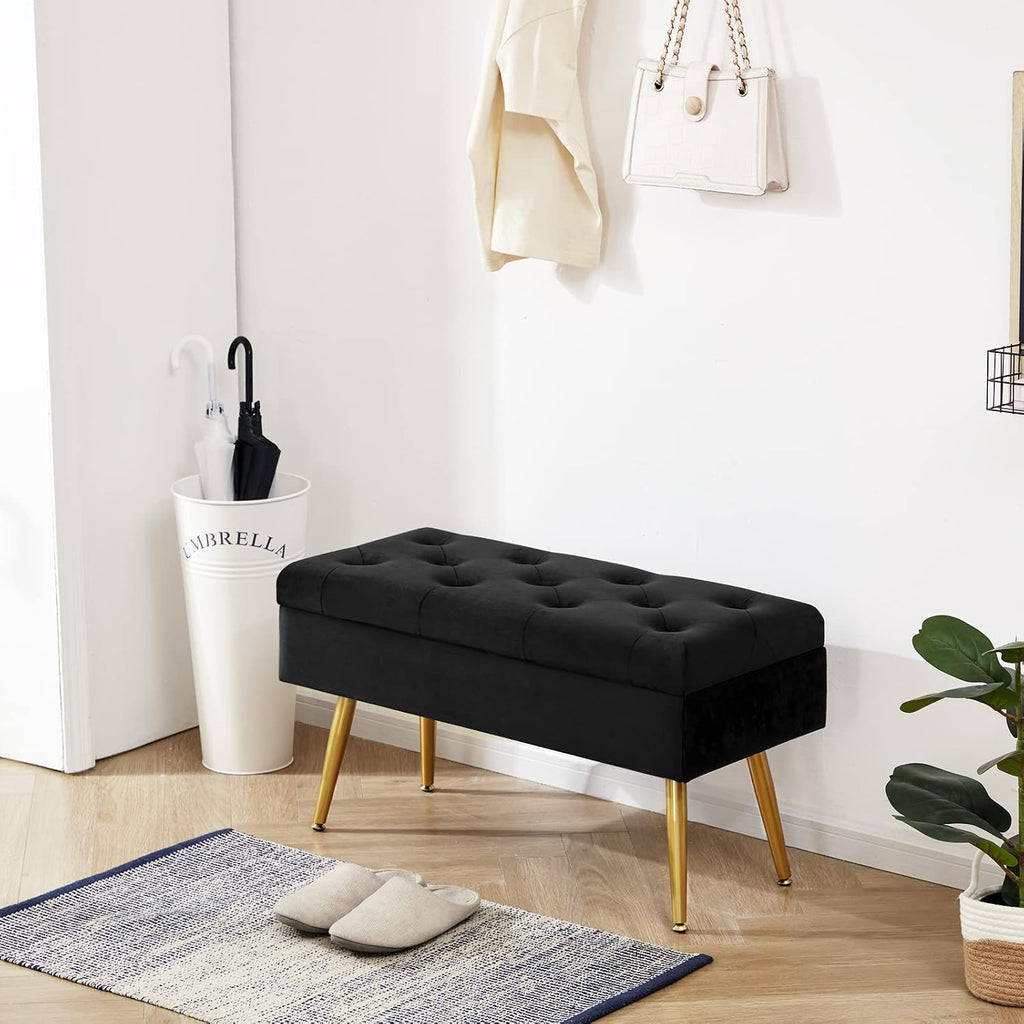 Gitrah Storage Bench Entryway Bench End of Bed Bench Ottoman Upholstered Velvet Bedroom Bench Tufted Bench with Golden Legs 32" Black