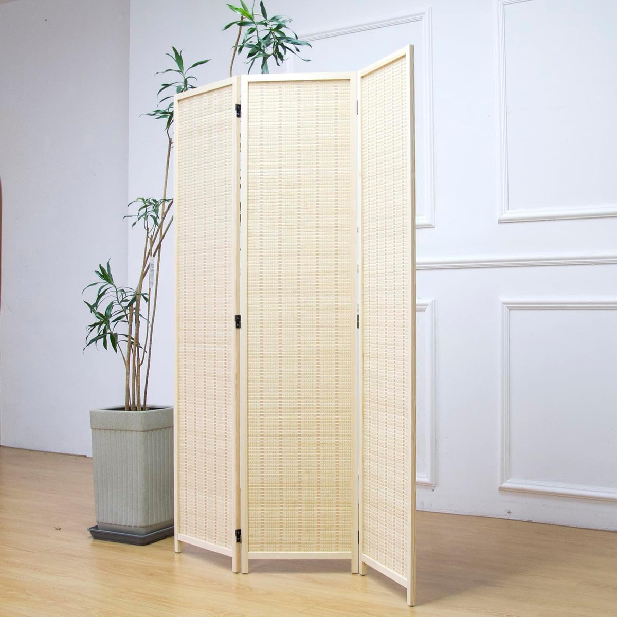 Furnnylane 3 Panel Room Divider and Folding Panel Screen,Bamboo Panel Divider Screen for Room Separation,Beige,67" H x 46" W