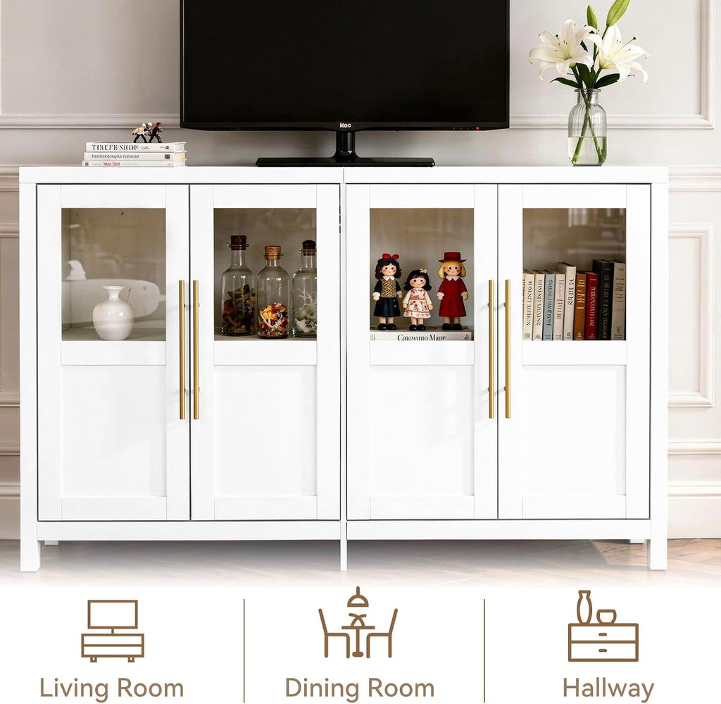 55" Sideboard Cabinet with Glass Doors, Large Buffet Cabinet with Storage and Shelves, Modern Accent Console Table for Dining Room Living Room Entryway (White a)