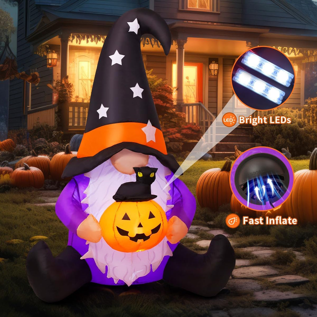 GOOSH 5 FT Halloween Gnomes Inflatables Outdoor Decorations, Gnome with Pumpkin Blow Up Yard Decorations Built-in LED Lights for Halloween Outdoor Decoration