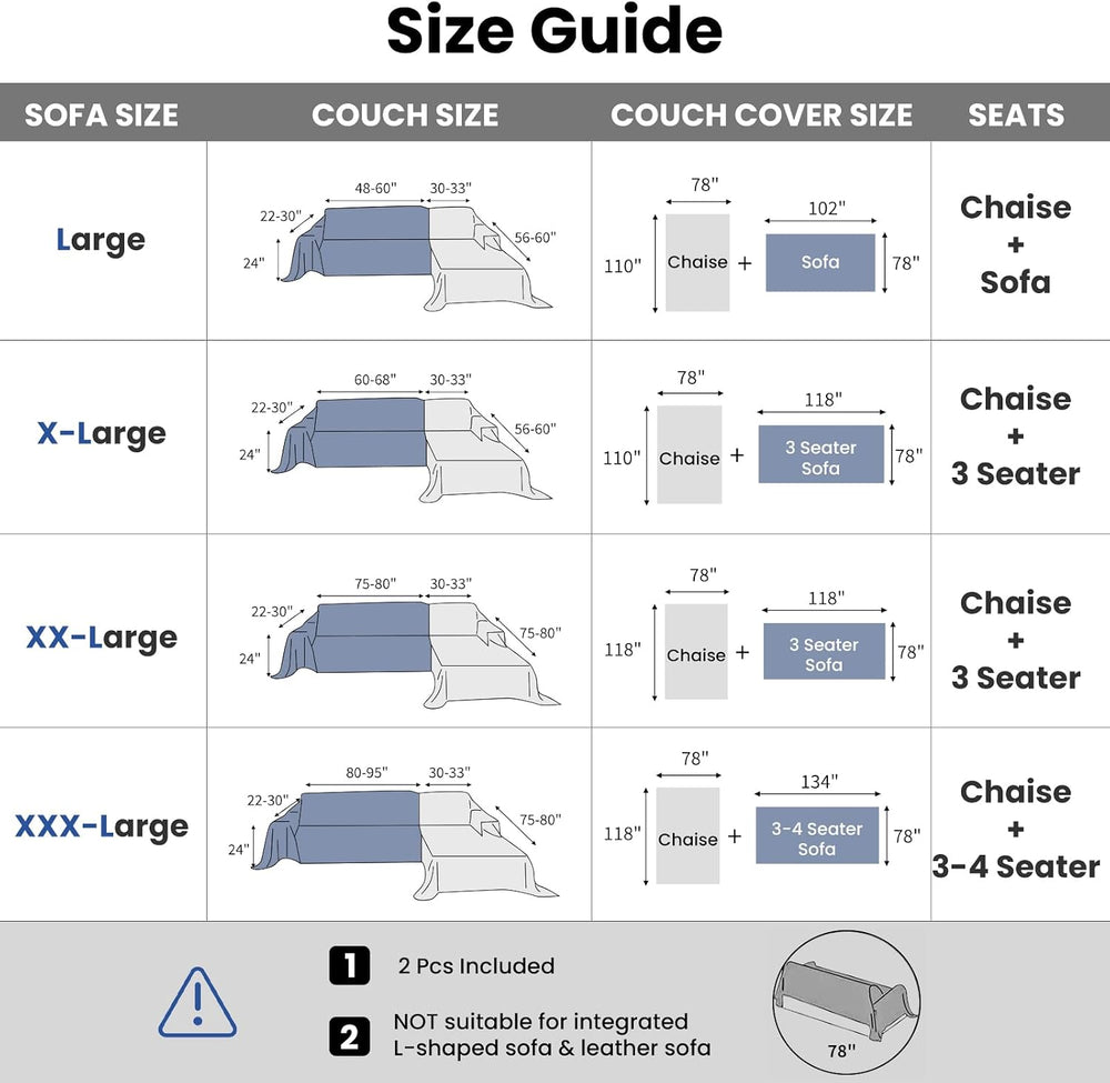 L Shaped Sectional Couch Cover 2 Piece, XX-Large, Light Grey