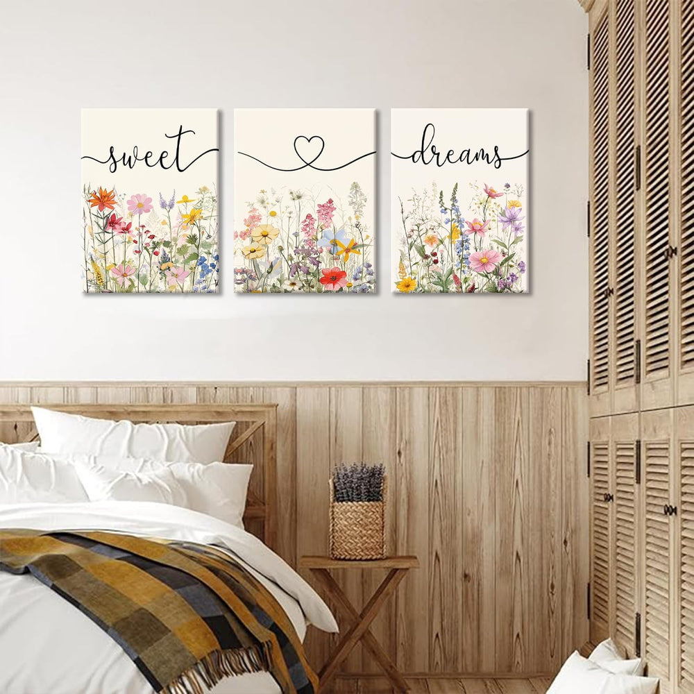 Framed Sweet Dreams Wall Art Set of 3, Colorful Wildflower Prints