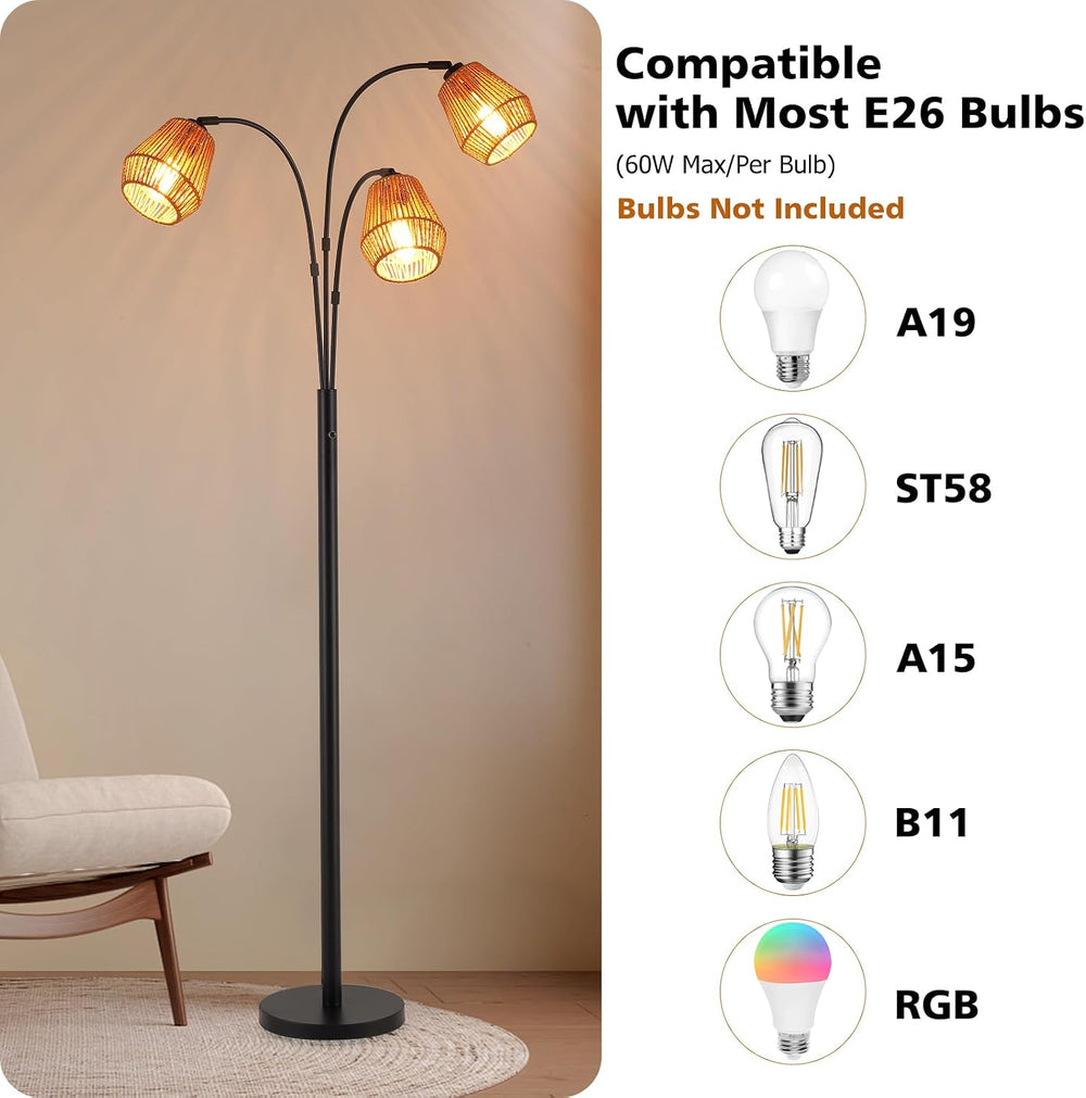 9MMML Vintage Black Arc Floor Lamp with Rotatable Arms & Rattan Lampshade...