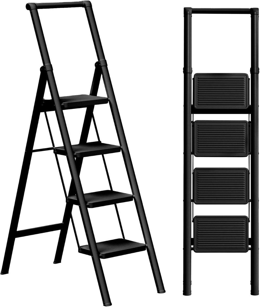 4 Step Ladder Folding Iron Step Stool Stepladders with Anti-Slip and Wide Ped...