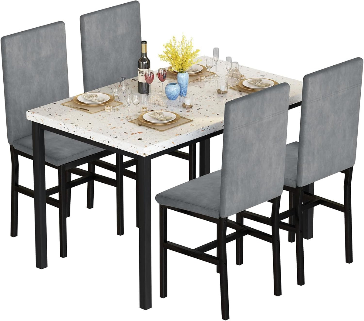 Hooseng Dining Table Set for 4, Kitchen Table and Chairs Set for 4, Small Dining Table Set with Faux Marble Table top & 4 Velvet Upholstered Dining Chairs Dining Room Table Set for Small Space, Gray