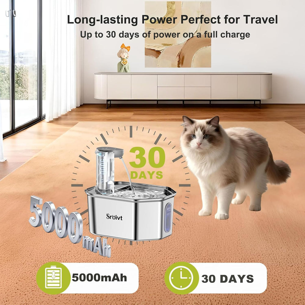 Cat Water Fountain Stainless Steel,Wireless,Battery Operated,2.6L,4Filters