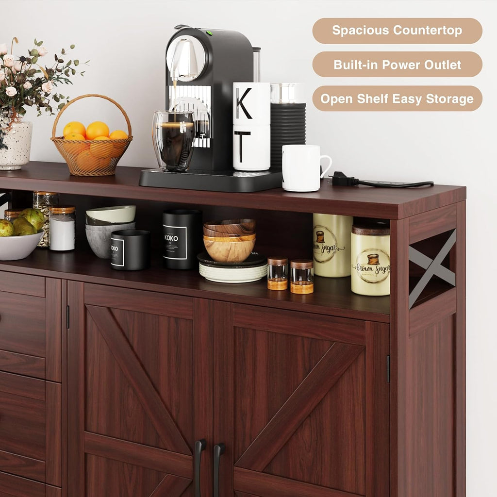 47" Dark Brown Farmhouse Storage Cabinet with Barn Doors and Drawers