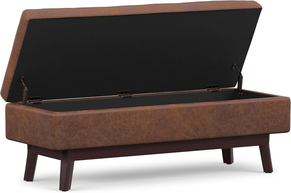 SIMPLIHOME Owen 48" Wide Vegan Leather Lift Top Ottoman in Saddle Brown