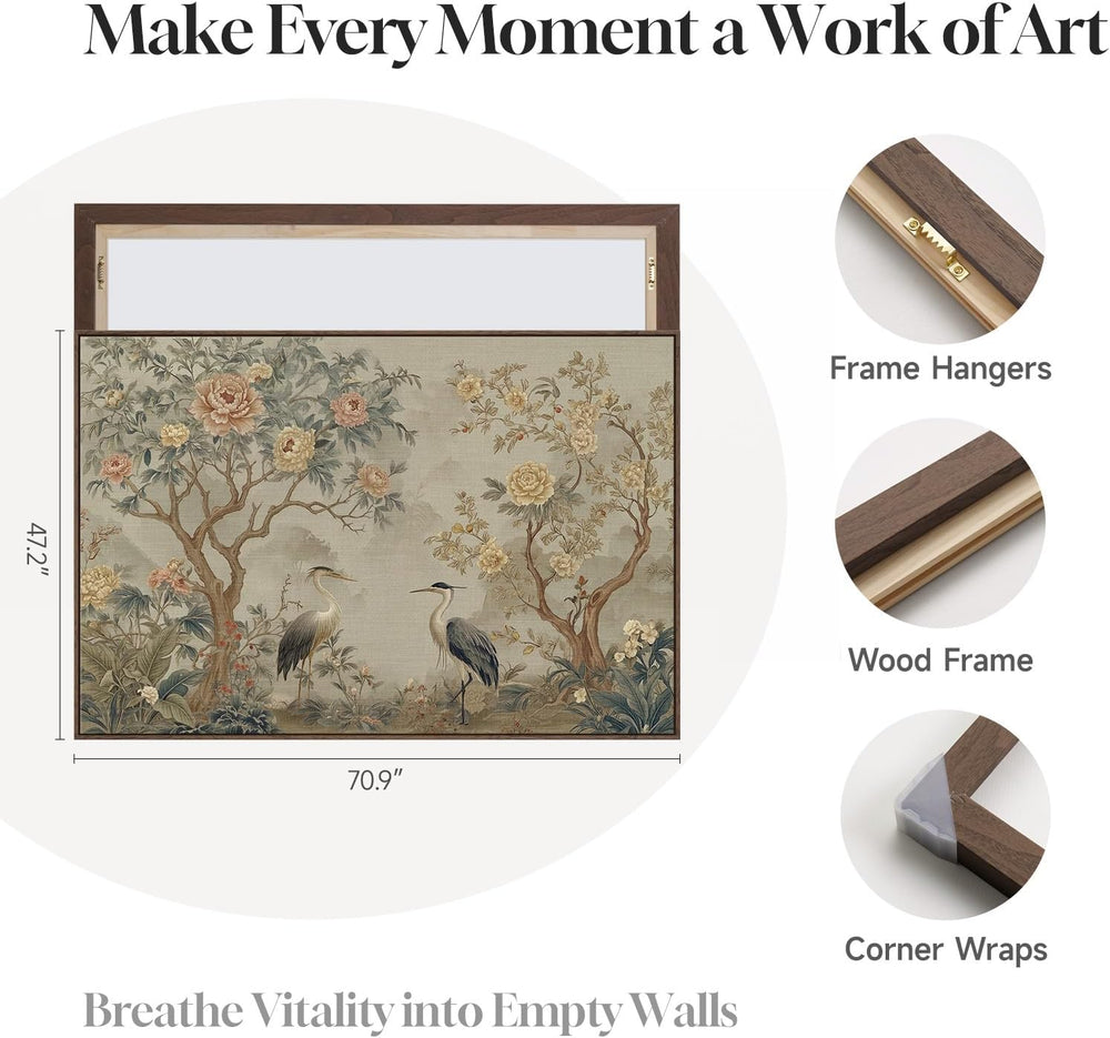Extra Large Framed Neutral Chinoiserie Wall Art for Living Room, 72x48 Inch