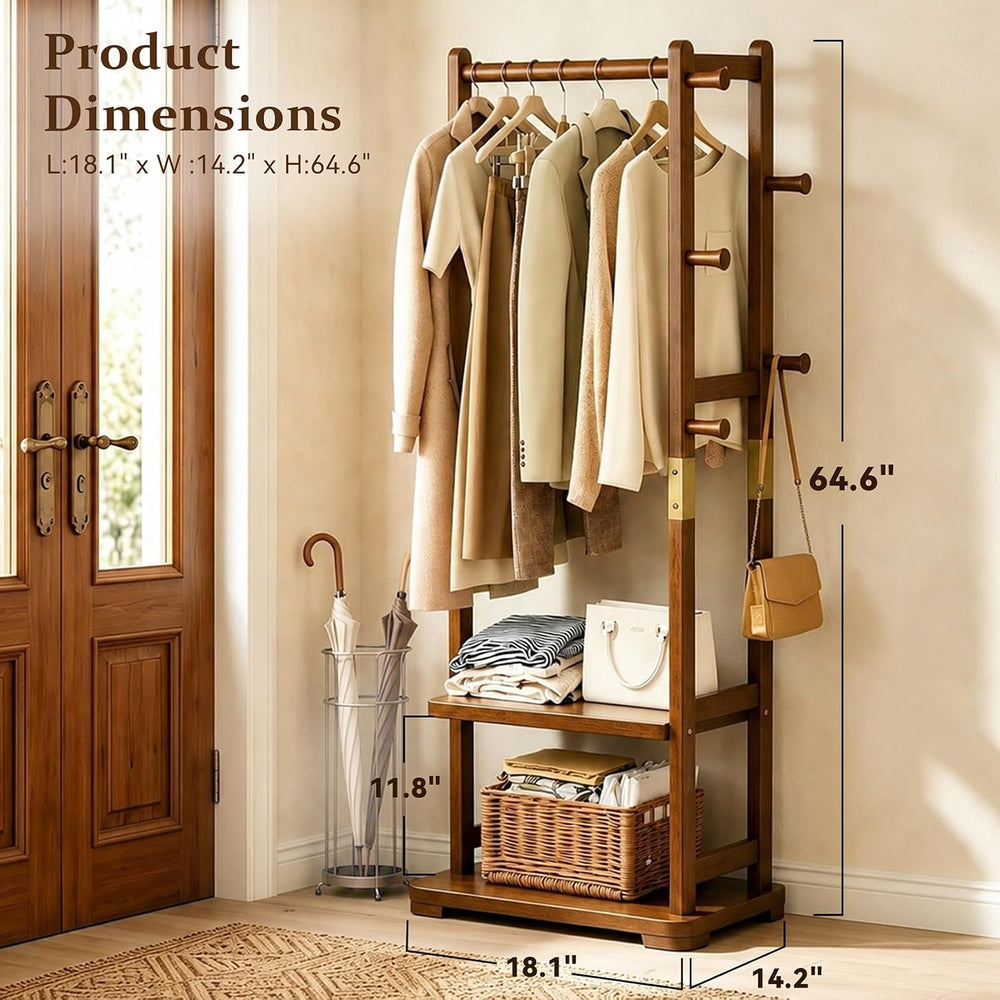 Taitiy Coat Rack Solid Wood Hall Tree Storage 2 Shelves 5 Hooks