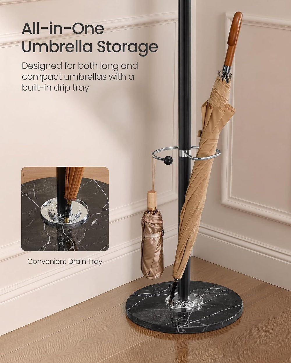SONGMICS Freestanding Coat Rack, Marble Base, 18 Hooks, Umbrella Holder