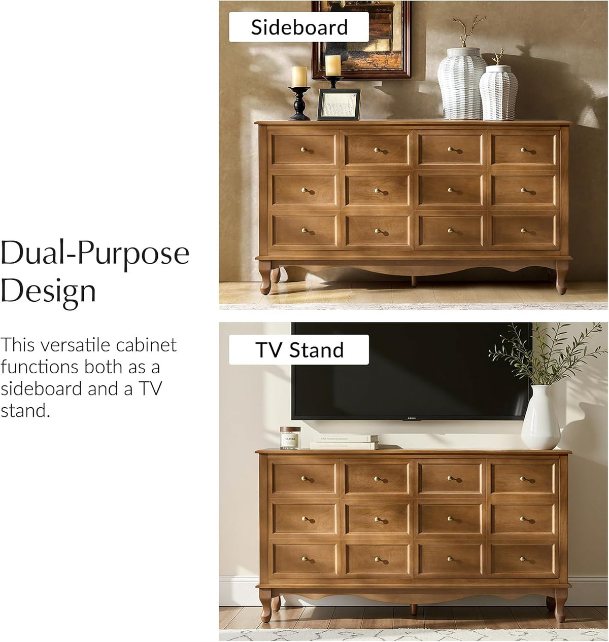 HULALA HOME Transitional Solid Wood Sideboard with Adjustable Shelves, 58" Spacious Storage Sideboard, Versatile Kitchen Buffet Cabinet with Solid Wood Legs, Acorn