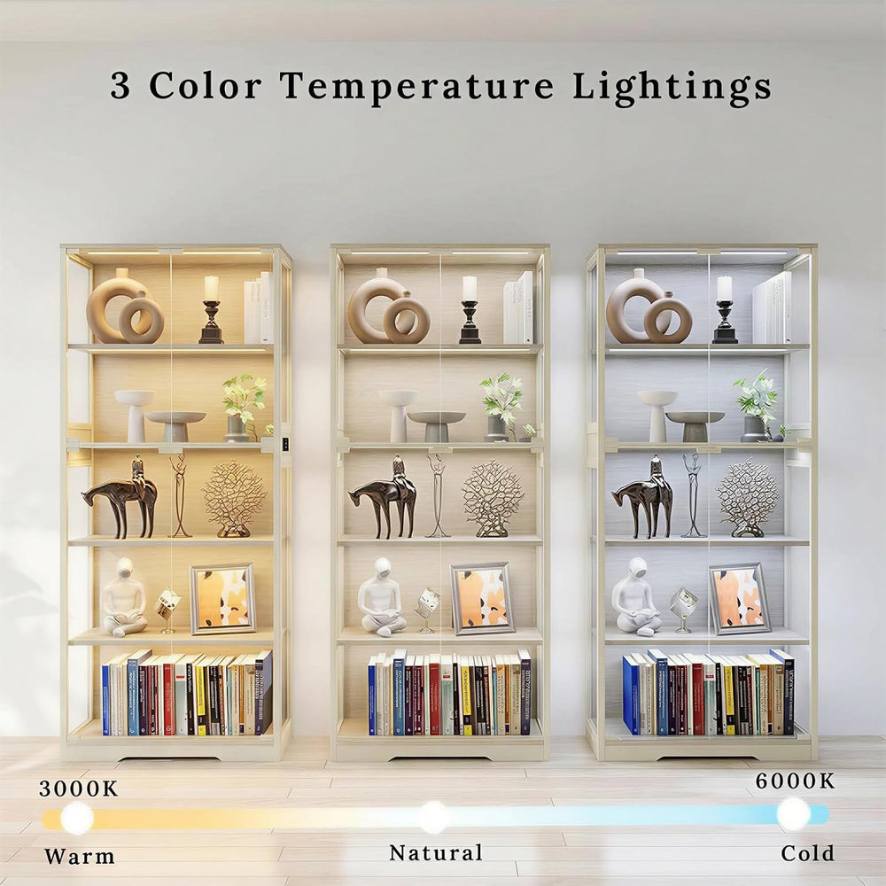 65" Display Cabinet with Glass Doors & LED Lights, Light Wood