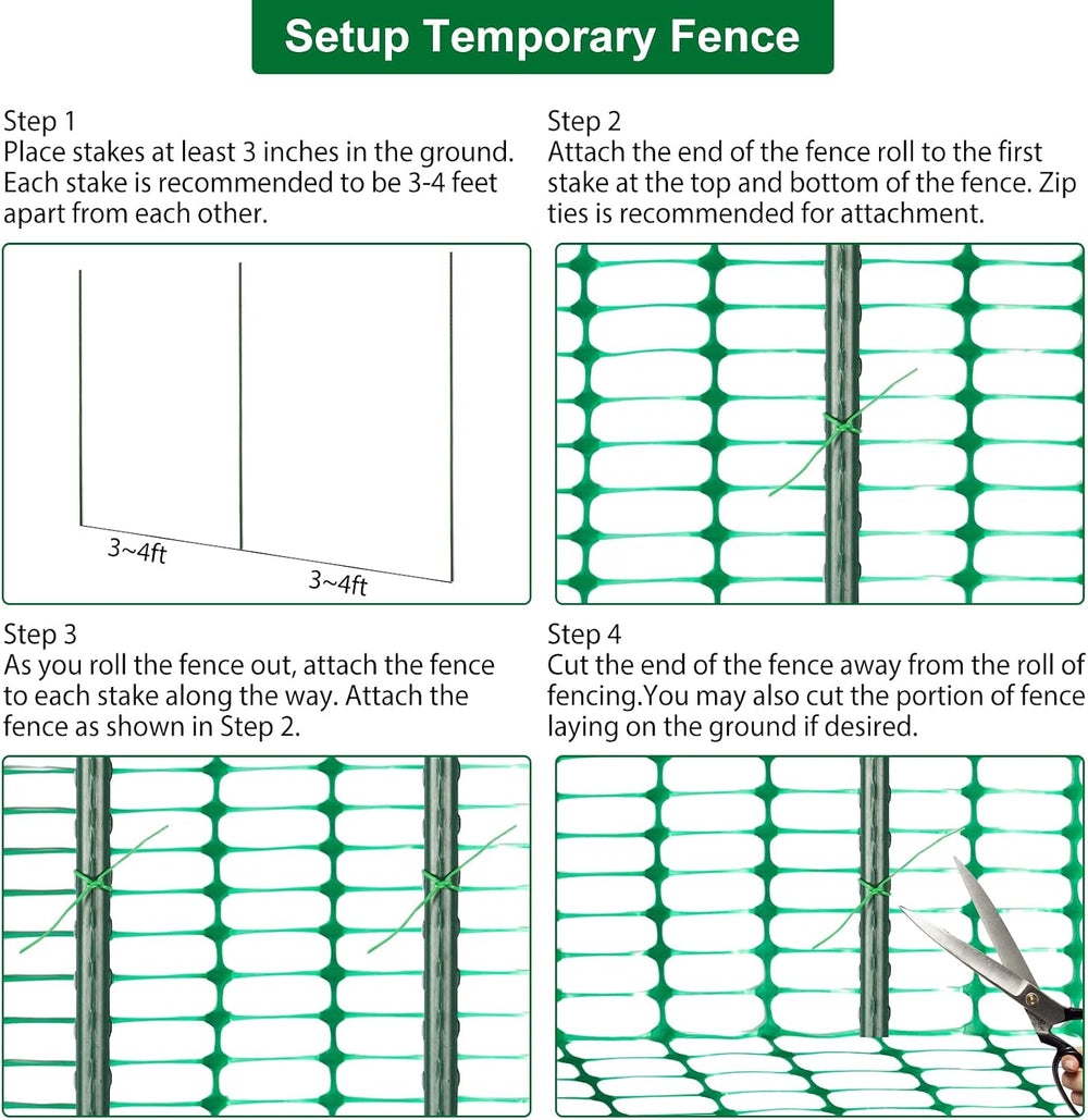 Safety Fence Plastic Mesh Fencing Roll,1 Roll with 25 Steel Stakes