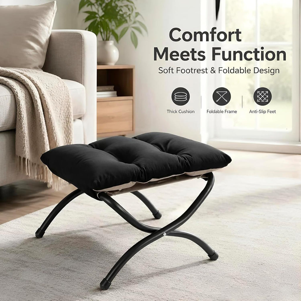 15" upholstered folding foot rest stool with foldable shown in use