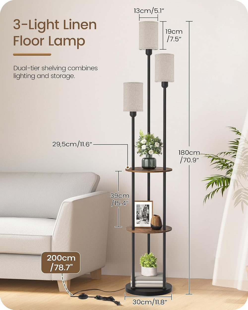 70.9" Floor Lamp with Shelves, Modern Floor Lamp with 3 Linen Shades and...