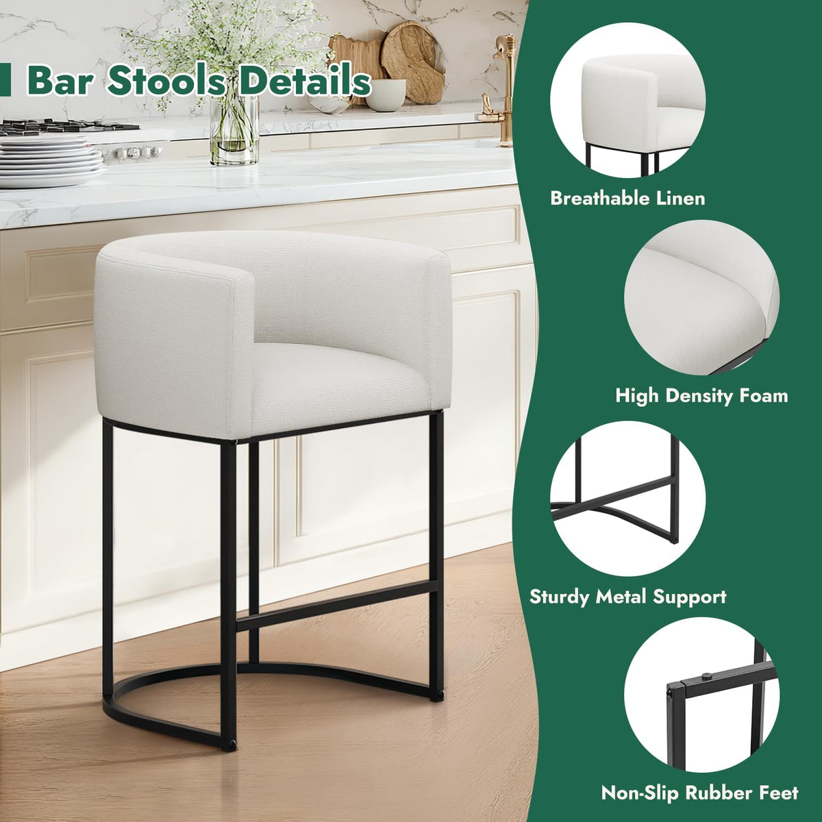 Counter Height Bar Stools Set of 4, 24 Inch Seat Height Barstools for Dining Room, Fabric Upholstered Bar Chair for Kitchen Island, Linen Counter Stools with Metal Legs, White