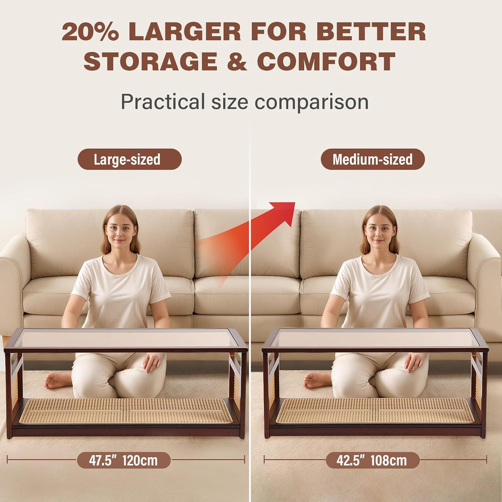 Welnow Rattan Coffee Table, 2-Tier Rectangle Center Table, 47.5"， Walnut