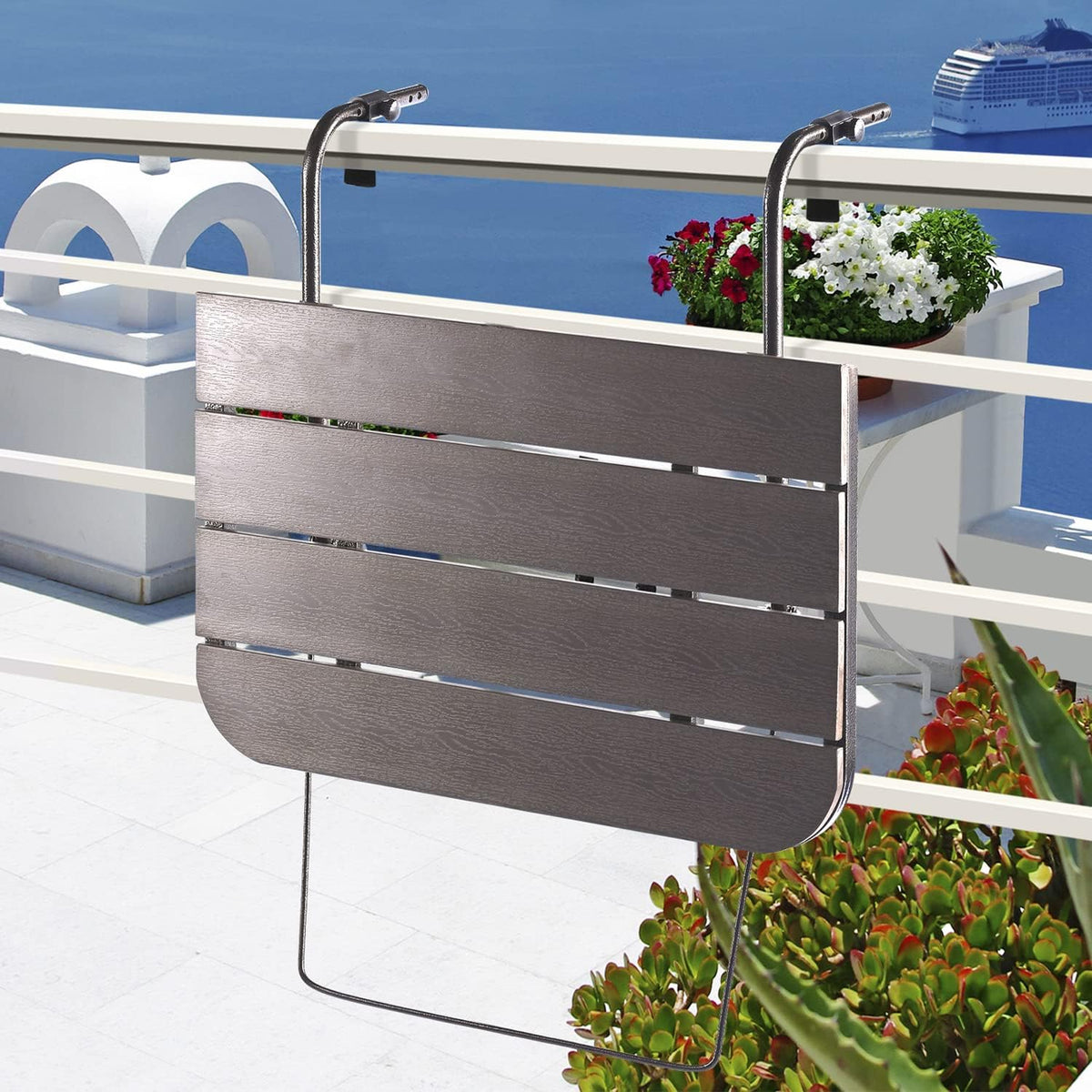 Balcony Railing Table Outdoor Hanging Folding Brown Aluminium Metal Side Table Adjustable 23.6"L x 15.7"W