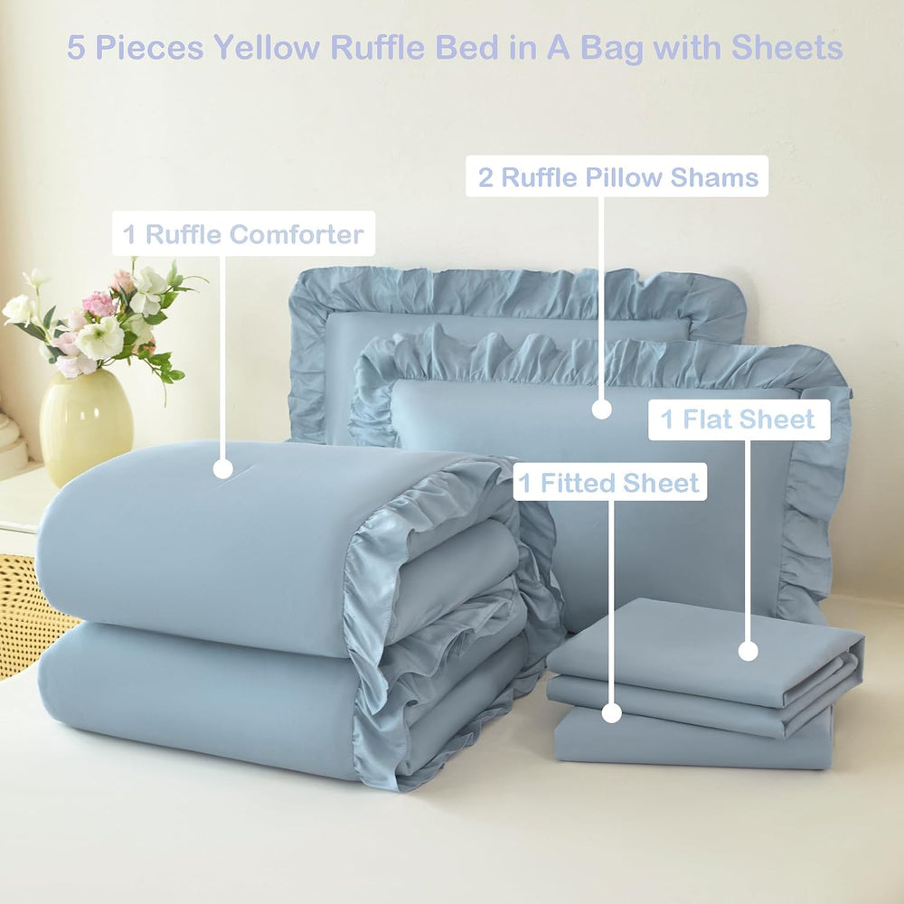 ANGIYUIN 5Pcs King Size Comforter Sets Dusty Blue Ruffle Bedding Sets