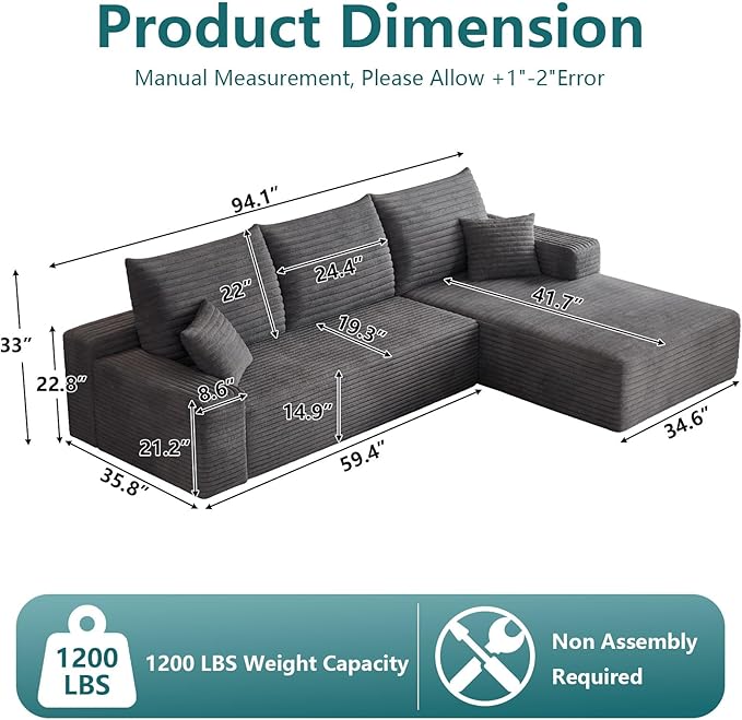 95" Modular Sectional Couch, L Shaped Cloud Sofa with Chaise Lounge, Corduroy Upholstered Couches Memory Foam Deep Seat, No Assembly Required, Ideal for Living Room(Dark Gray, Right Facing)