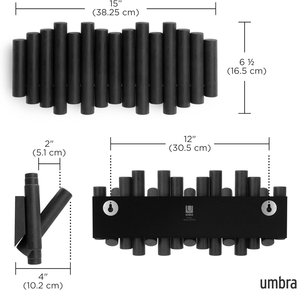 Umbra Picket Wall-Mounted Coat Rack Rail Hook with 5 Retractable Wood Pegs – ...
