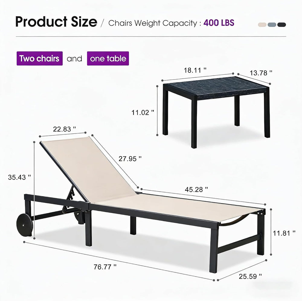 PURPLE LEAF Outdoor Chaise Lounge Chairs Set with Wheels and Table, Beige