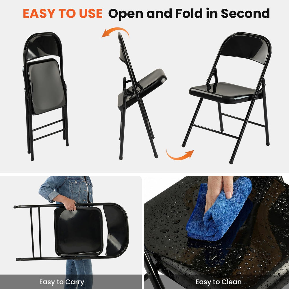 10 Pack Black Metal Folding Chairs, All-Steel Foldable Chairs