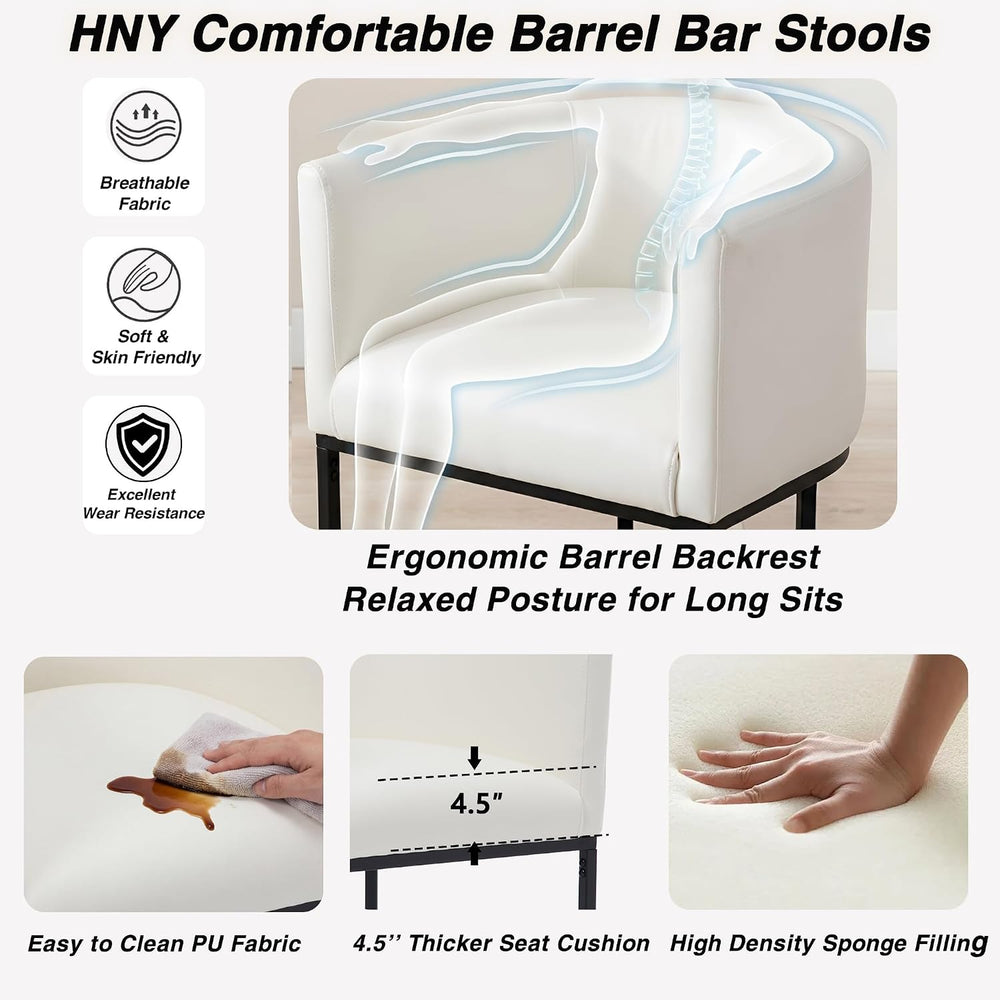 HNY White Modern Barrel Counter Height Bar Stool, 24 Inch PU Leather Kitchen ...
