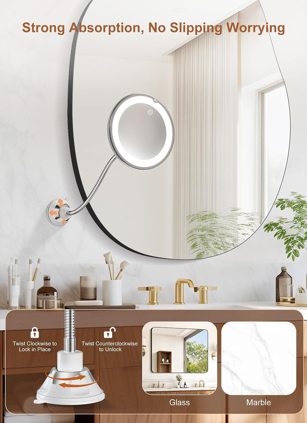 10x Magnifying Mirror with Light,Gooseneck Travel Make up Mirror 3 Lighting