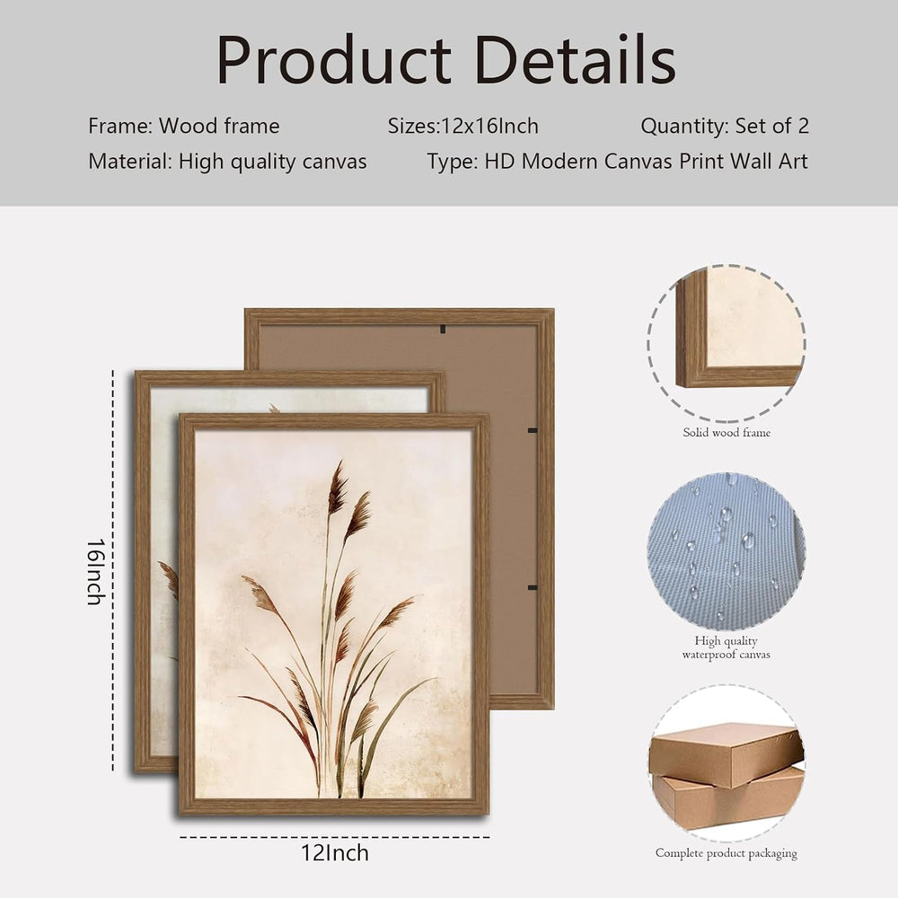 2 Pcs Framed Reed Wall Art, 12x16 Inch Boho Botanical Canvas Wall Decor, Mini...
