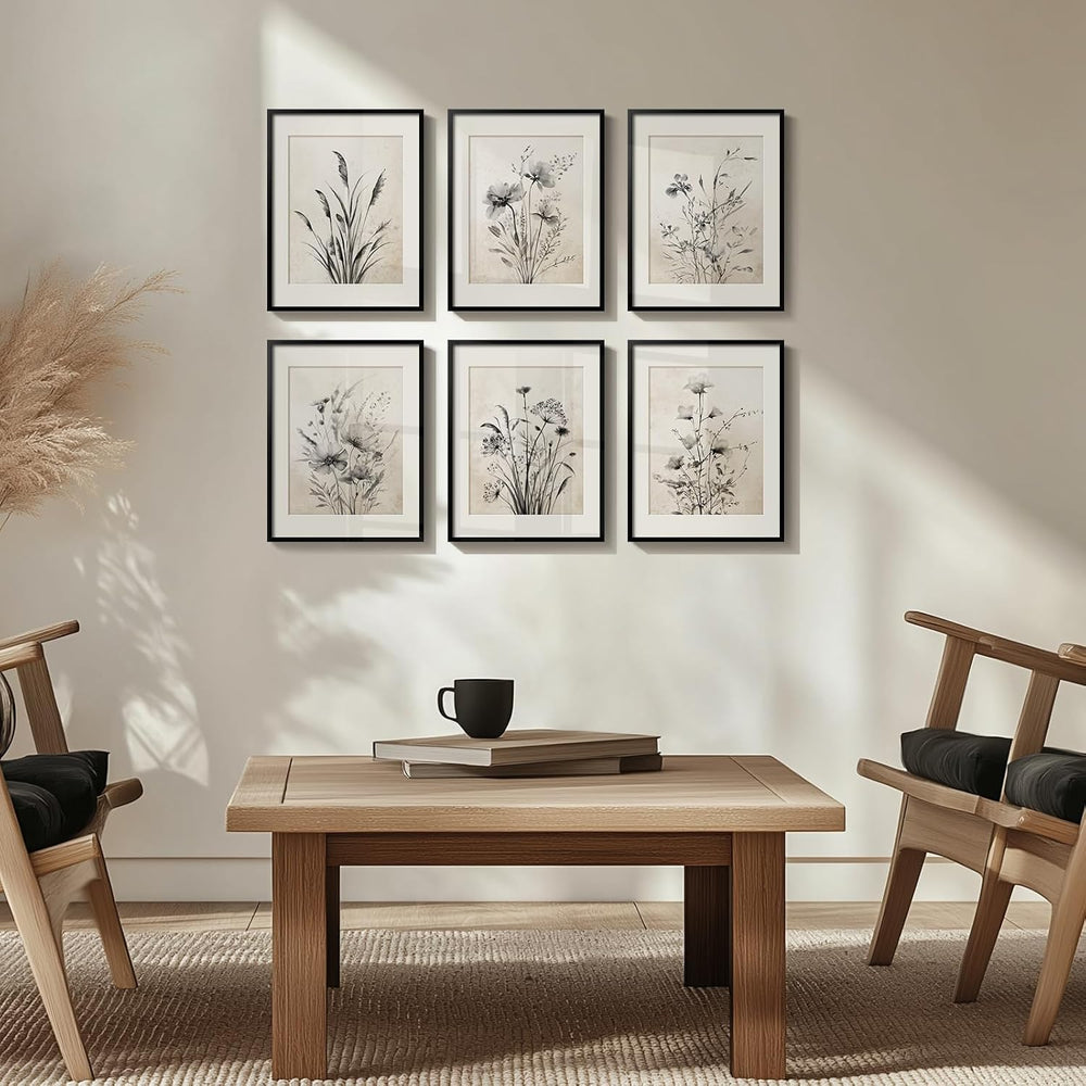 Framed Vintage Black and White Boho Botanical Wall Art, 6 Piece 11x14 In