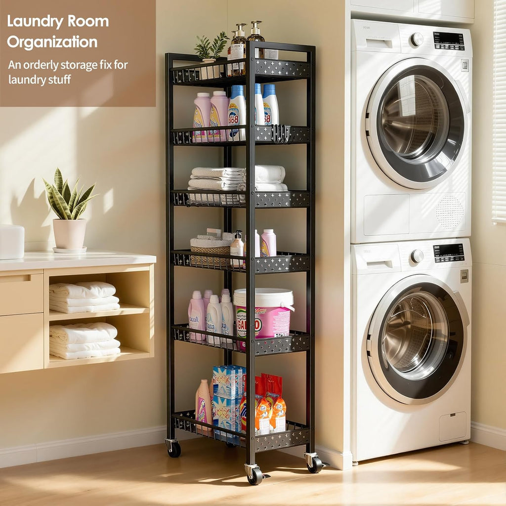 6 Tier Slim Storage Cart, Narrow Rolling Cart with Wheels, 10in(W) | Narrow Mobile Utility Shelf Unit Organizer for Kitchen, Bathroom, Laundry Room, Living Room, Small Places, Black