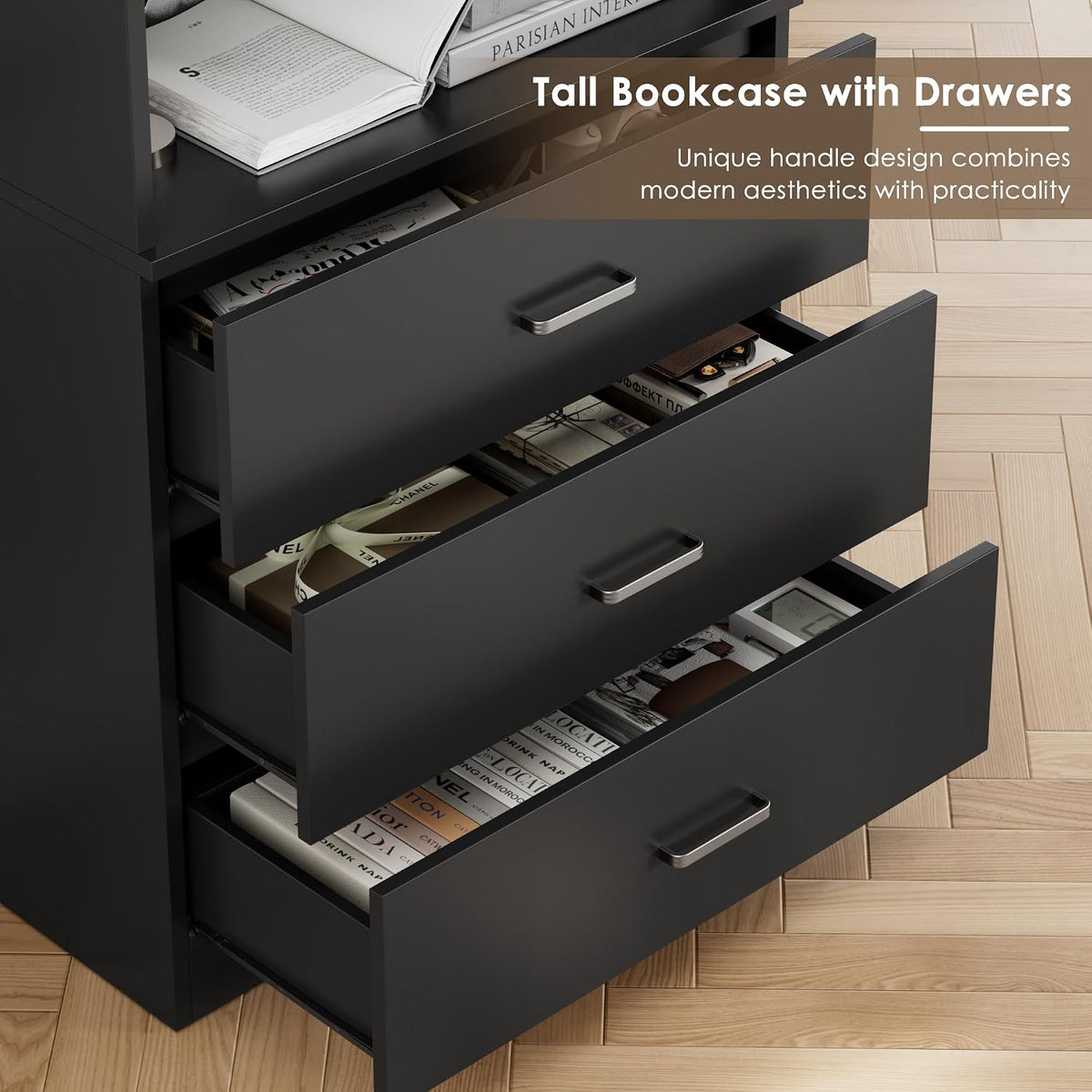FOTOSOK 71" Black Bookshelf with 3 Drawers, Tall Bookshelf and Bookcase