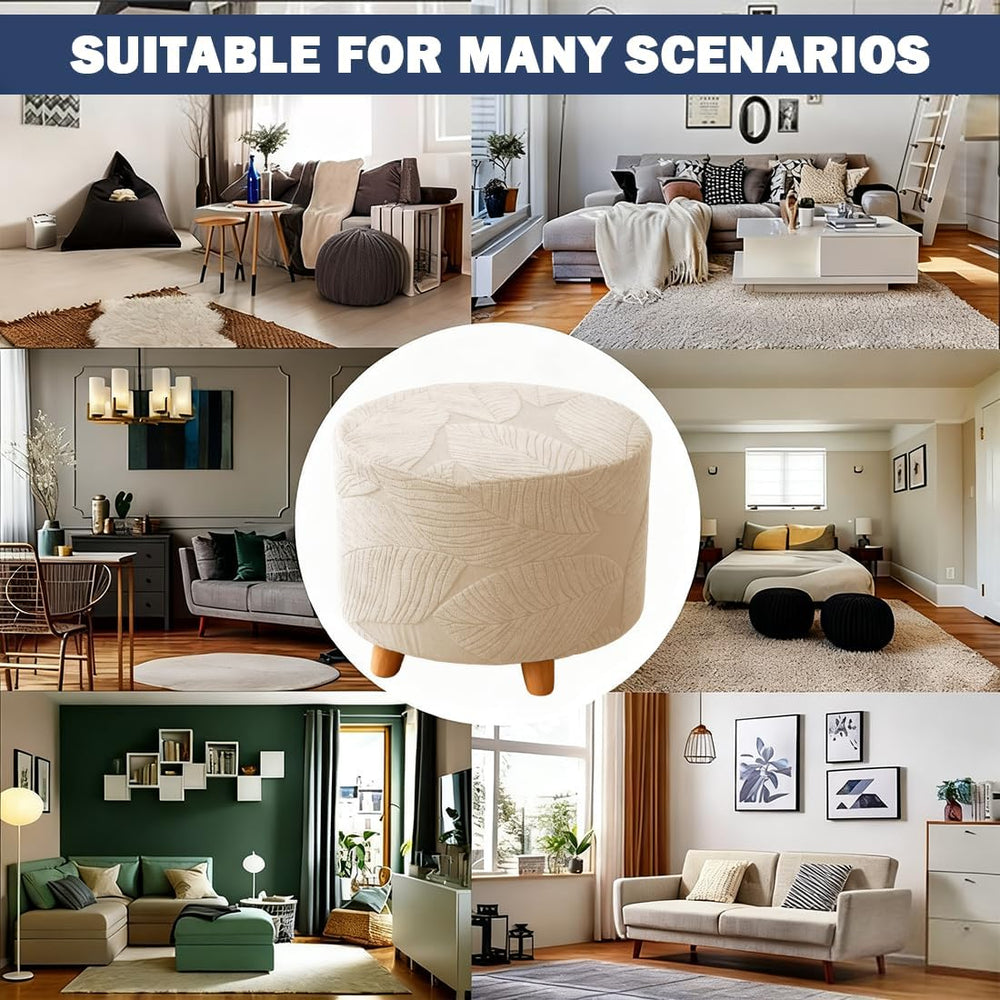 Round Ottoman Cover Stretch Round Ottoman Storage Slipcover Leaves Jacquard F...