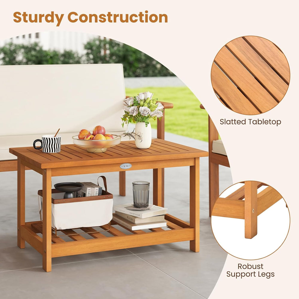 Tangkula Outdoor Acacia Wood Coffee Table, Patio 29.5” Rectangle Slatted 2 Ti...
